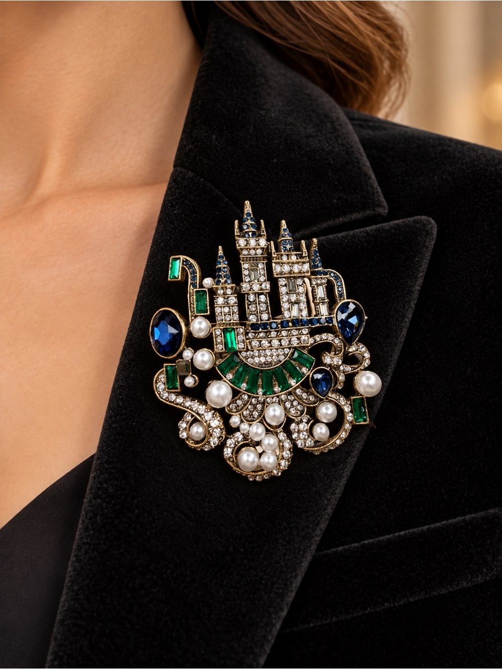 Anthropologie Green, Blue & Pearl Castle Brooch